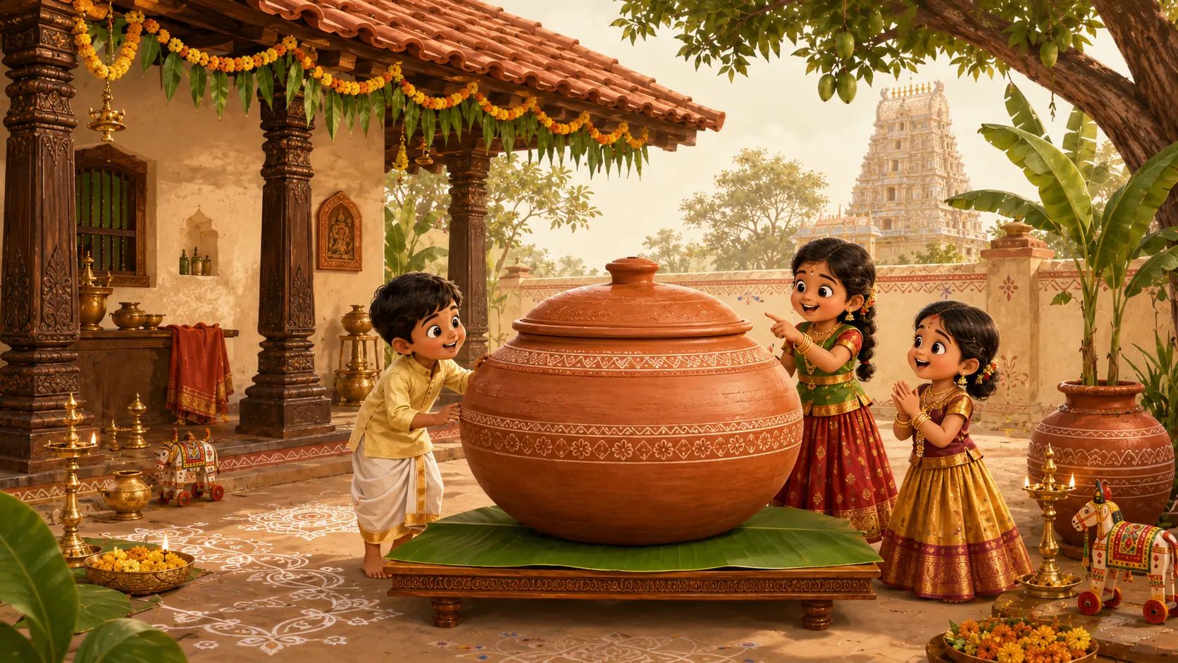Telugu courtyard illustration with children gathered around a large traditional matka